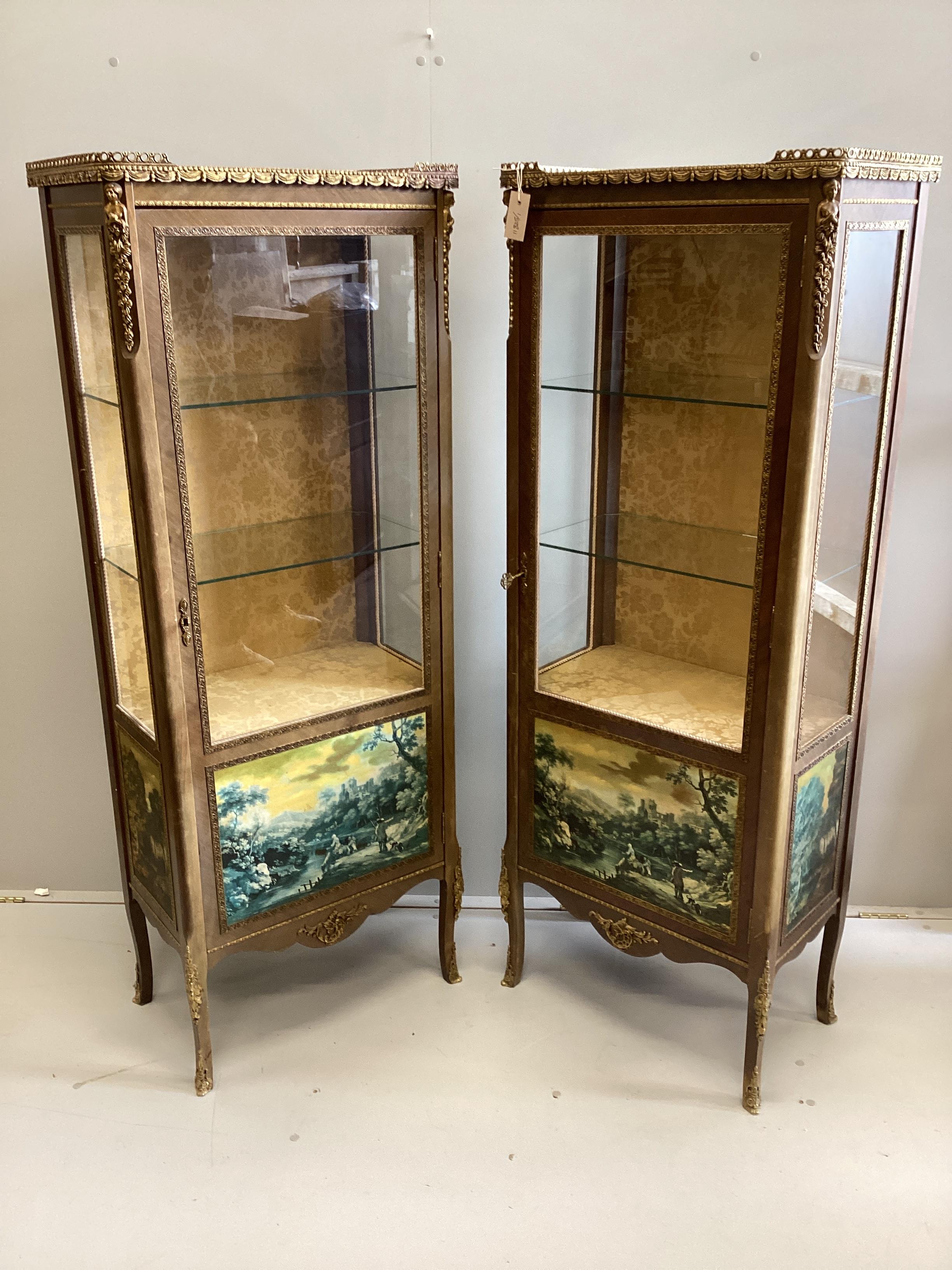 A pair of H & L Epstein Ltd Vernis Martin style gilt metal mounted vitrines, width 60cm, depth 32cm, height 157cm.